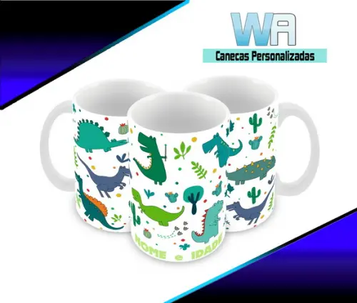 Caneca Polímero Dinossauros Nome e Idade Personalizada