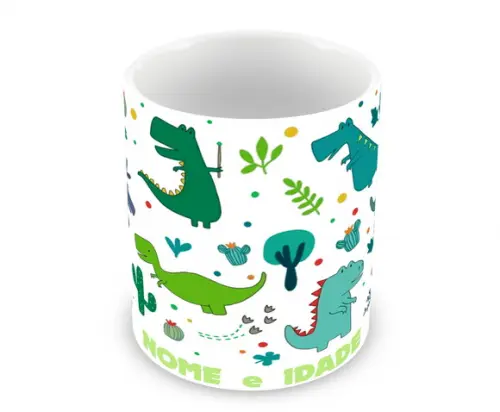 Caneca Polímero Dinossauros Nome e Idade Personalizada