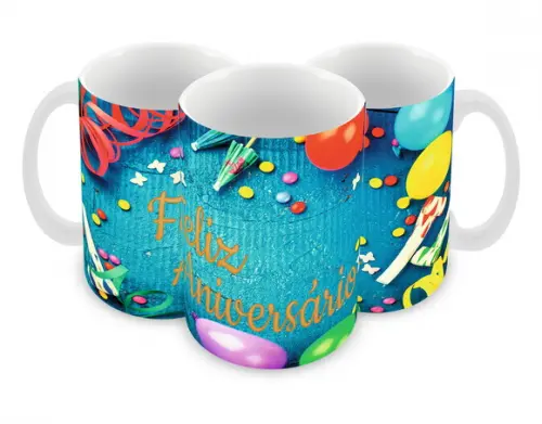 Caneca Polímero Feliz Aniversário Personalizada