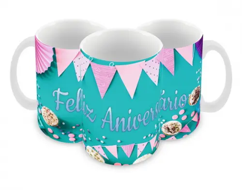 Caneca Polímero Feliz Aniversário Personalizada