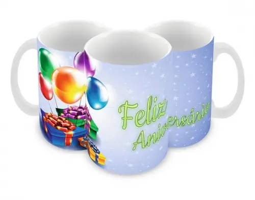 Caneca Polímero Feliz Aniversário Personalizada