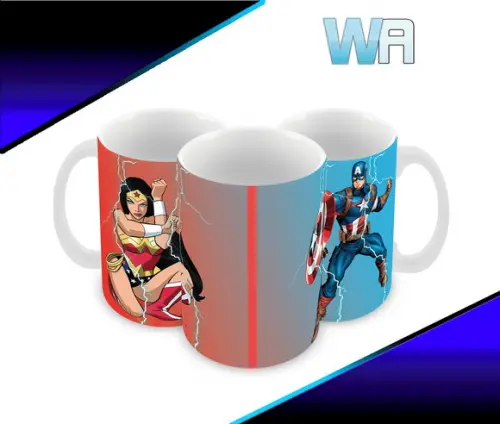 Caneca Polímero Mulher Maravilha e Capitão América