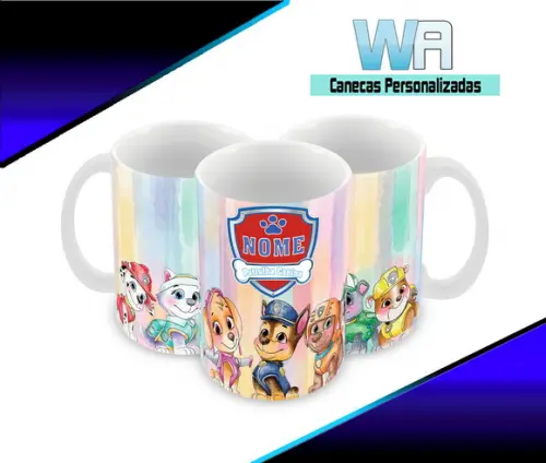 Caneca Polímero Patrulha Canina Aquarela Nome Personalizada