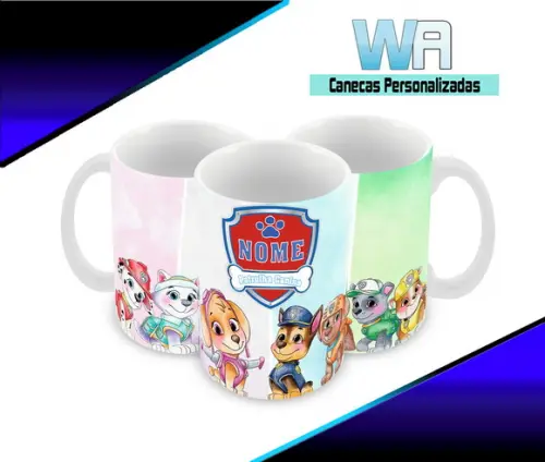 Caneca Polímero Patrulha Canina Aquarela Nome Personalizada