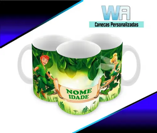 Caneca Polímero Peter Pan e Sininho Nome Personalizada