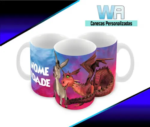 Caneca Polímero Shrek - Burro e Dragão Personalizada