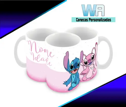 Caneca Polímero Stitch e Angel Nome e Idade Personalizada