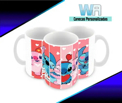 Caneca Polímero Stitch e Angel Personalizada