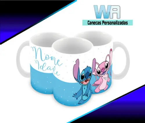 Caneca Polímero Stitch e Angel Nome e Idade Personalizada