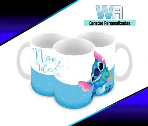 Caneca Polímero Stitch Nome e Idade Personalizada
