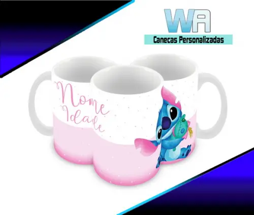 Caneca Polímero Stitch Nome e Idade Personalizada