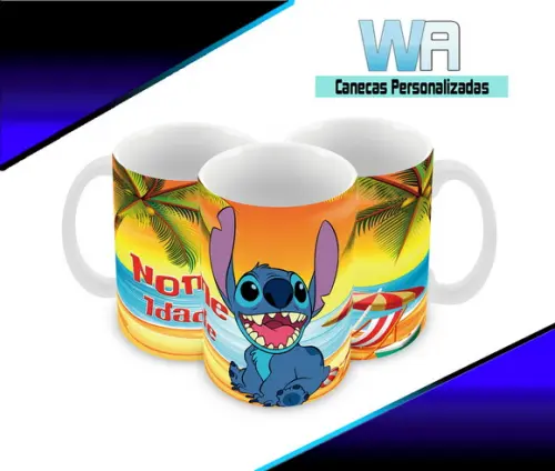 Caneca Polímero Stitch Nome e Idade Personalizada