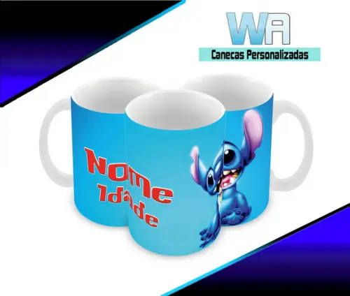 Caneca Polímero Stitch Nome e Idade Personalizada