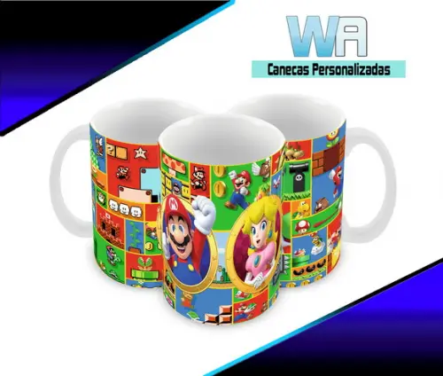 Caneca Polímero Super Mario e Princesa Peach Personalizada