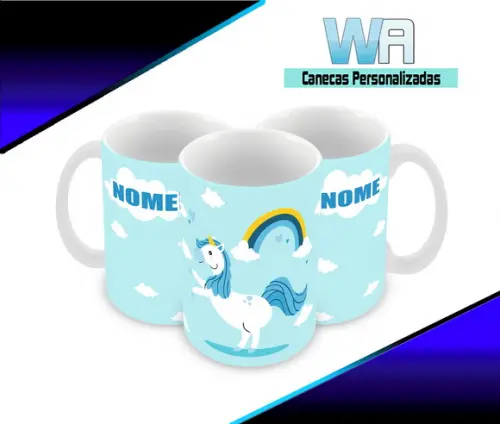 Caneca Polímero Unicórnio Menino Nome Personalizada