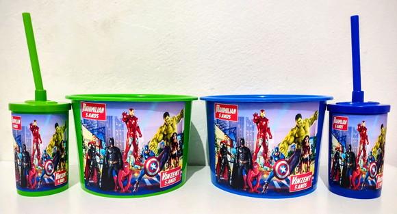 Balde de pipoca com copo super herois