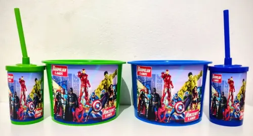 Balde de pipoca com copo super herois