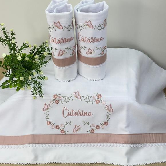 Enxoval Bebê Personalizado Bordado Flores e Borboletas