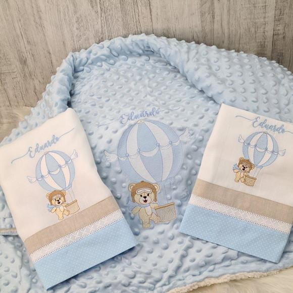 Kit Cobertor e Fraldas Personalizada Ursinho Baloeiro