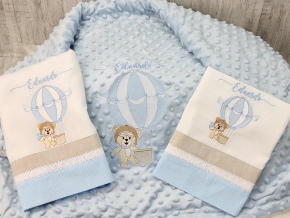 Kit Cobertor e Fraldas Personalizada Ursinho Baloeiro