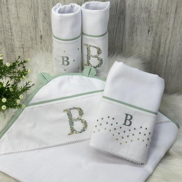 Kit Enxoval Bebê Monograma Folhagem e Poá