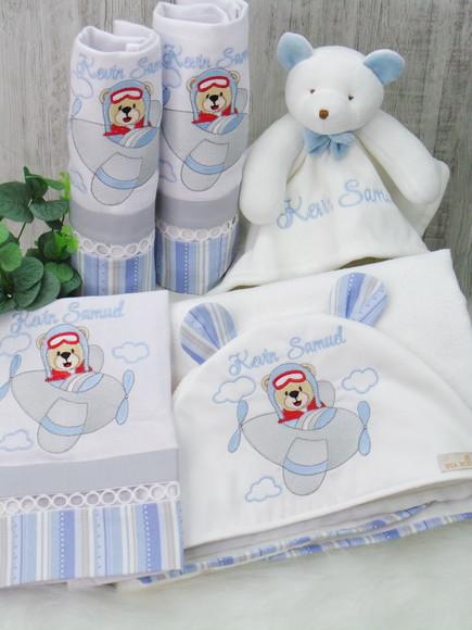 Kit Enxoval Bebê Personalizado Bordado Urso Aviador