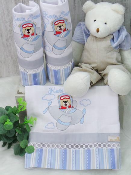 Kit Enxoval Bebê Personalizado Bordado Urso Aviador