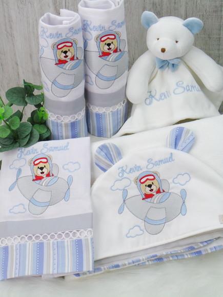 Kit Enxoval Bebê Personalizado Bordado Urso Aviador