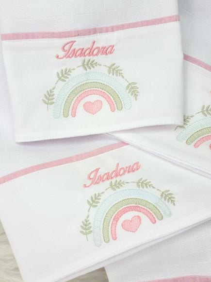 Kit Fraldas Bebê Bordado Arco Iris
