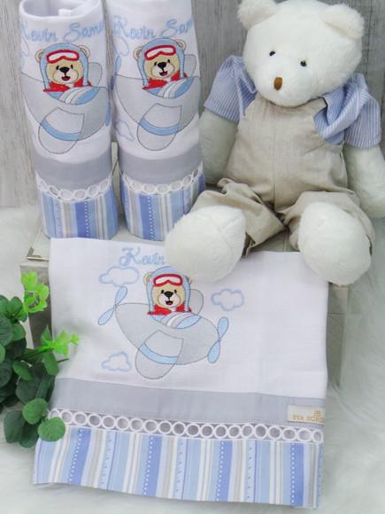 Kit Fraldas Bebê Bordado Urso Aviador
