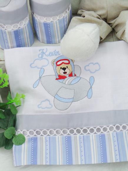 Kit Fraldas Bebê Bordado Urso Aviador