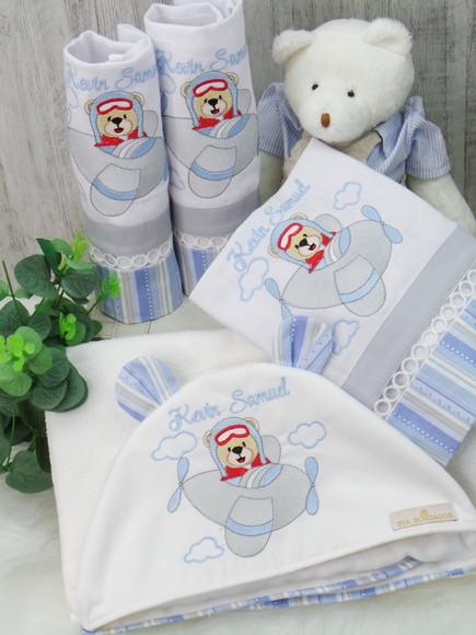 Kit Fraldas Bebê Personalizado Bordado Urso Aviador