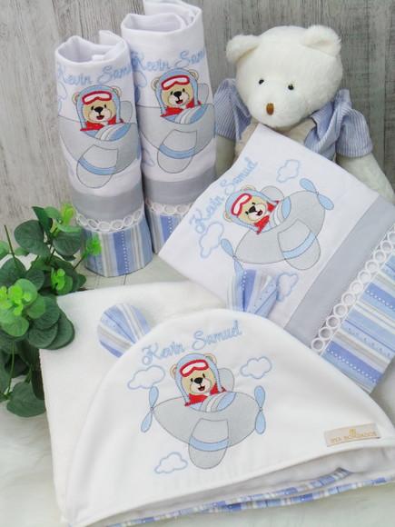 Kit Fraldas Bebê Personalizado Bordado Urso Aviador