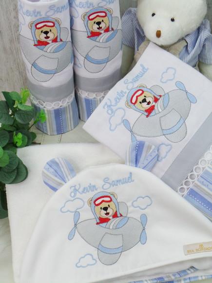 Kit Fraldas Bebê Personalizado Bordado Urso Aviador