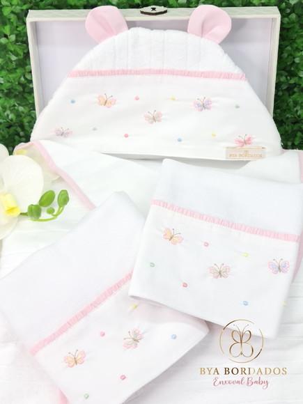 Kit Toalha e Fraldas Poá com Borboletass Candy Collor