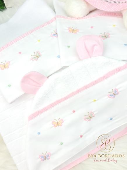 Kit Toalha e Fraldas Poá com Borboletass Candy Collor