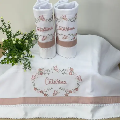 Enxoval Bebê Personalizado Bordado Flores e Borboletas