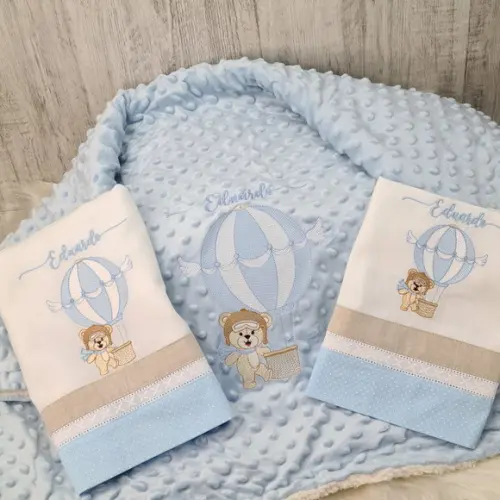 Kit Cobertor e Fraldas Personalizada Ursinho Baloeiro