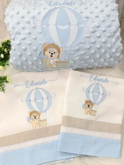 Kit Cobertor e Fraldas Personalizada Ursinho Baloeiro