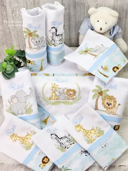 Kit Enxoval Bebê Maternidade Personalizado Bordado Safari