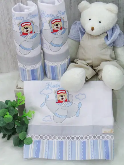 Kit Enxoval Bebê Personalizado Bordado Urso Aviador