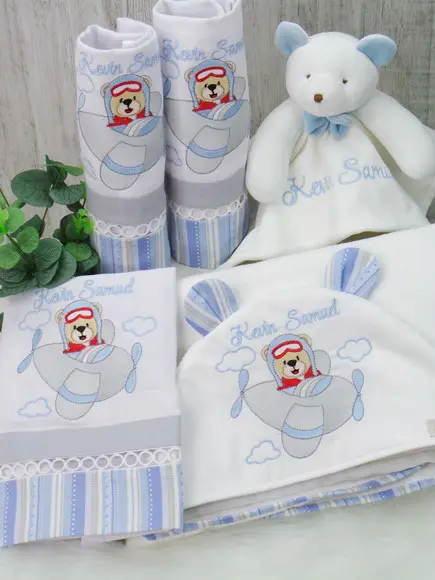 Kit Enxoval Bebê Personalizado Bordado Urso Aviador