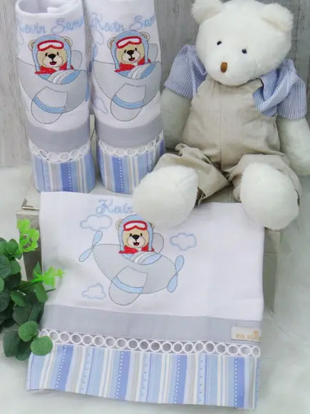 Kit Fraldas Bebê Bordado Urso Aviador