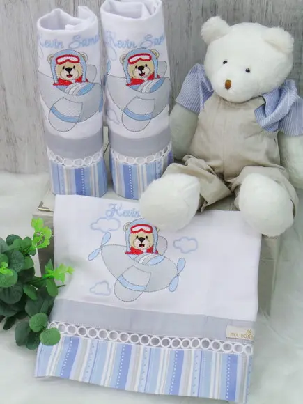 Kit Fraldas Bebê Bordado Urso Aviador
