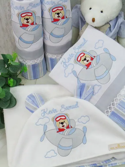 Kit Fraldas Bebê Personalizado Bordado Urso Aviador