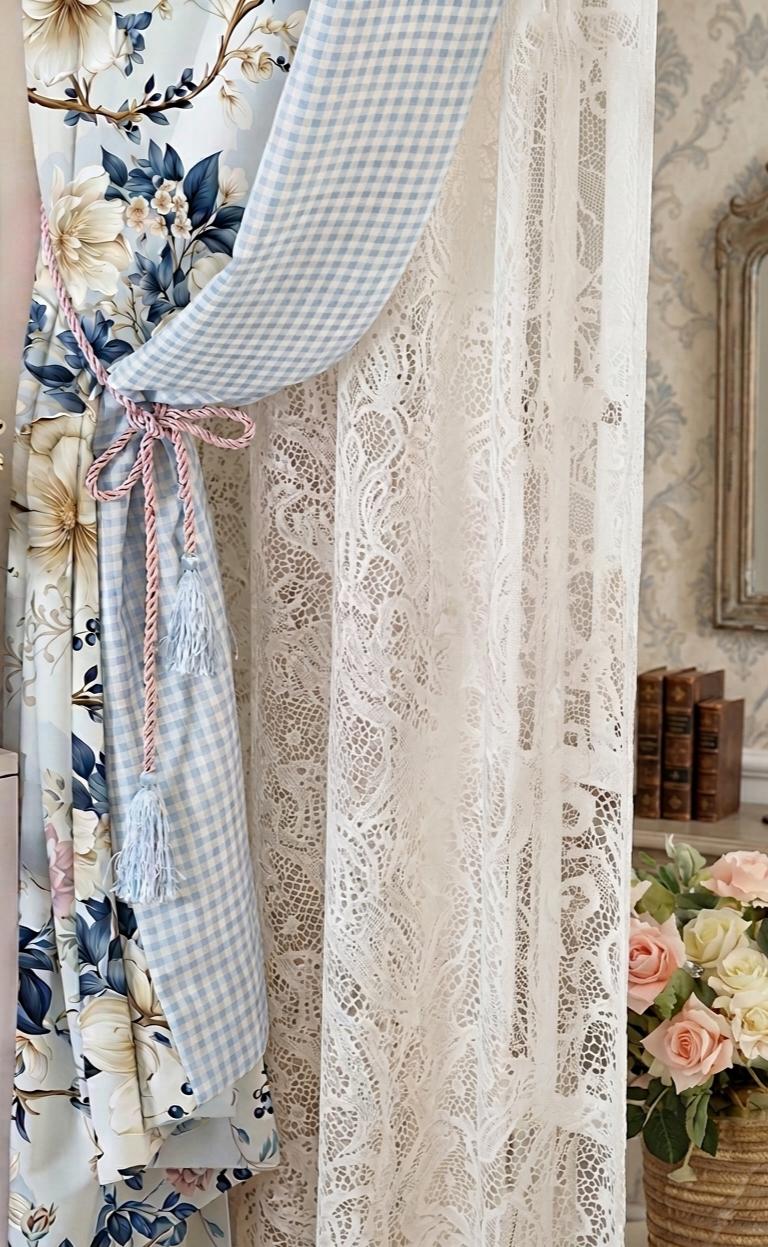 Cortina Romântica Doce Floral Xadrez - Varão