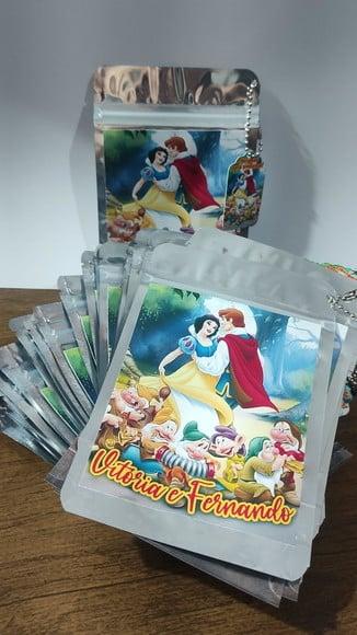 Saquinho Metalizado Tema Branca de Neve qualquer Tema.