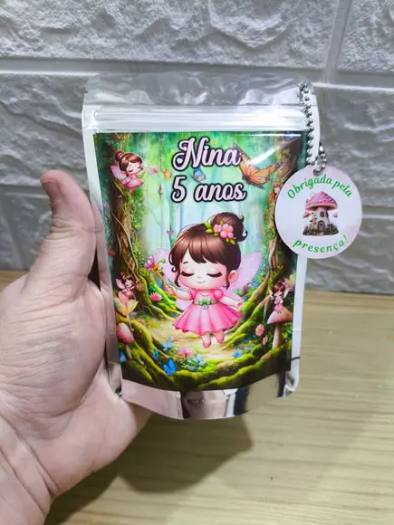 Saquinho Metalizado Tema Jardim das Fadas qualquer Tema.