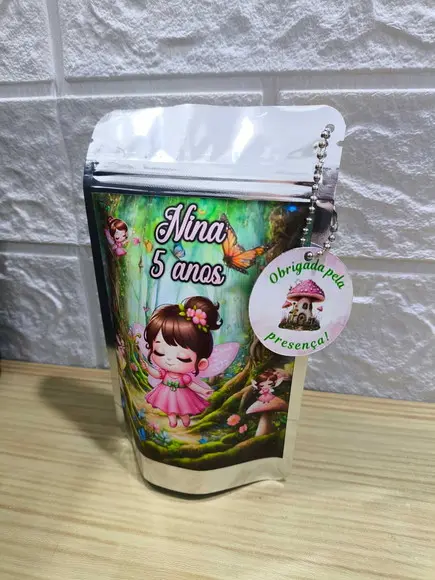 Saquinho Metalizado Tema Jardim das Fadas qualquer Tema.