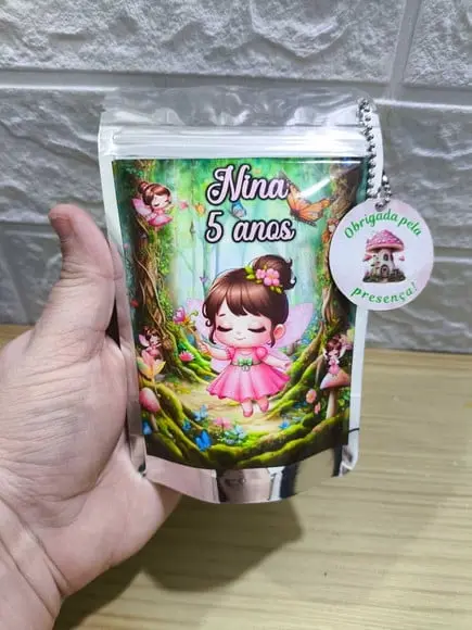 Saquinho Metalizado Tema Jardim das Fadas qualquer Tema.